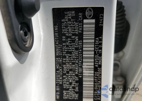 2012 Toyota Camry Base from USA, damaged, VIN 4T1BF1FK2CU141585